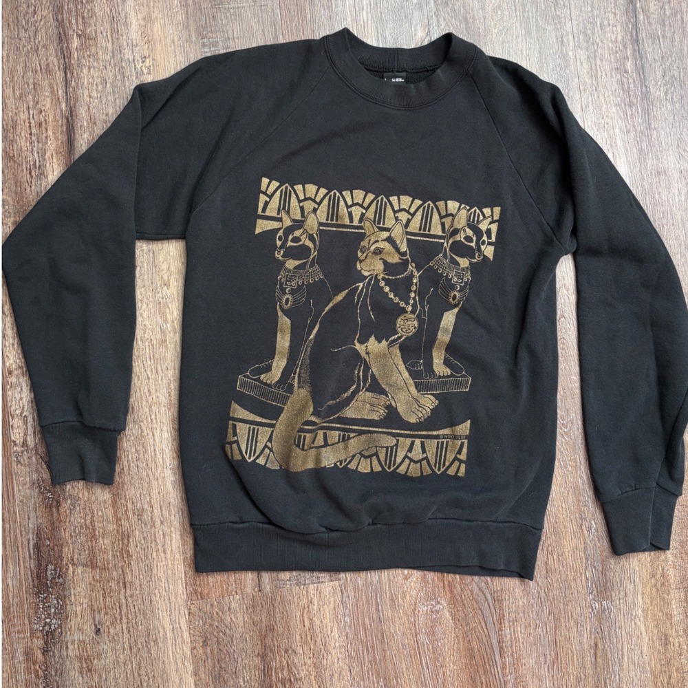 Vintage 1989 80s 90s Screen Stars Egyptian Cats Sweatshirt Gold Graphic Black